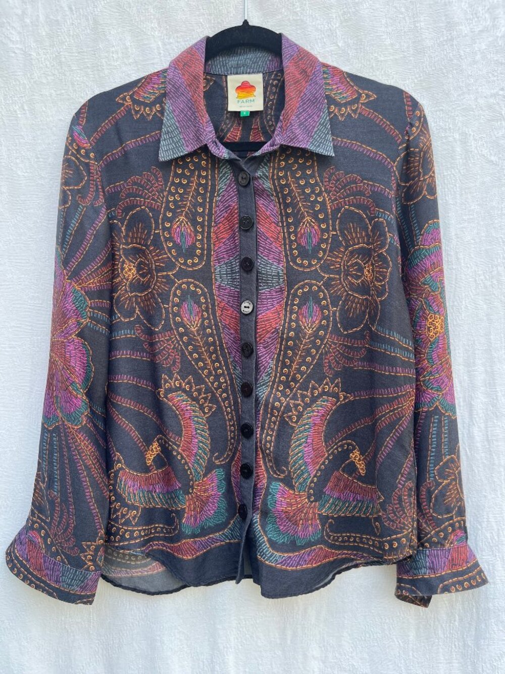FARM Rio Black Sequin Scarf Shirt Silky Long Sleeve Button-up Shirt Small